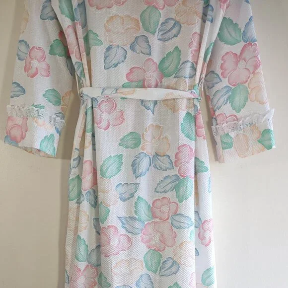 Vintage Beth Michaels Floral Seersucker & Lace Robe Cottage Garden  Medium NWOT - Picture 8 of 14